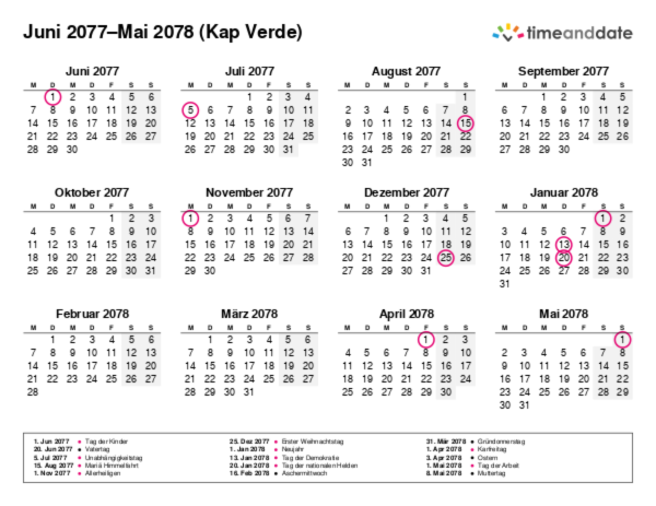 Kalender für 2077 in Kap Verde