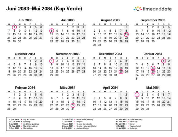 Kalender für 2083 in Kap Verde
