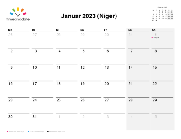 Kalender für 2023 in Niger