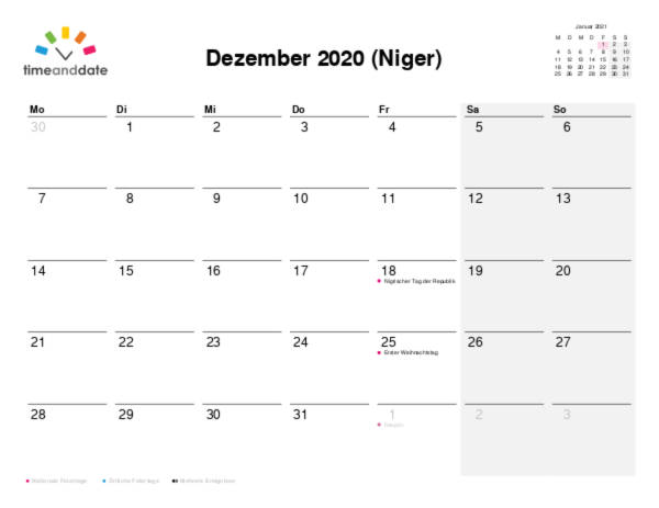 Kalender für 2020 in Niger