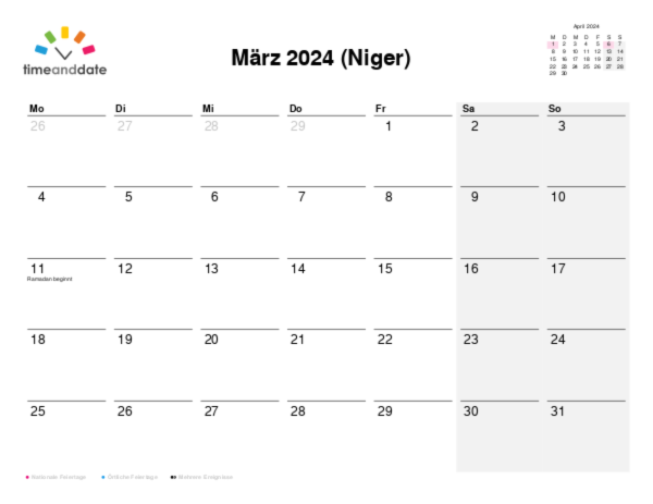Kalender für 2024 in Niger