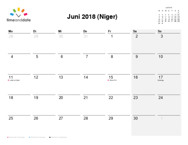Kalender für 2018 in Niger