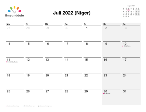 Kalender für 2022 in Niger