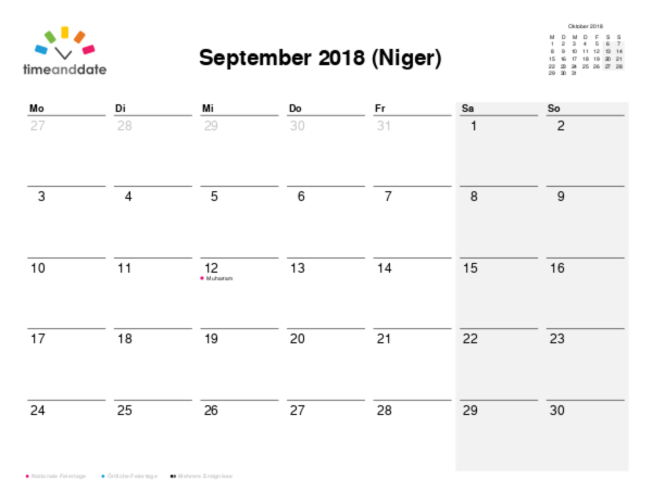Kalender für 2018 in Niger