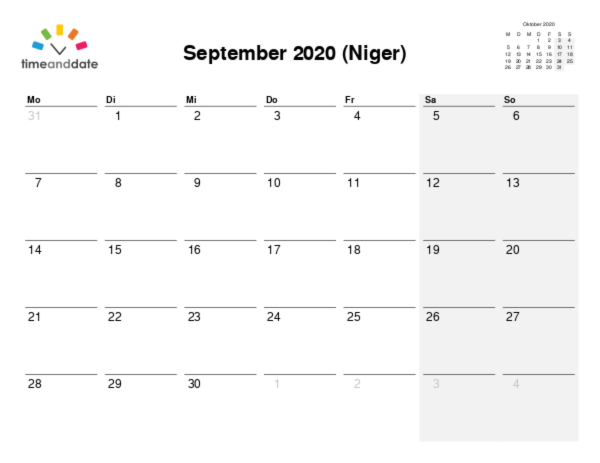 Kalender für 2020 in Niger