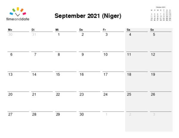 Kalender für 2021 in Niger