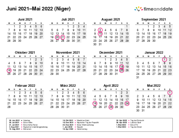 Kalender für 2021 in Niger