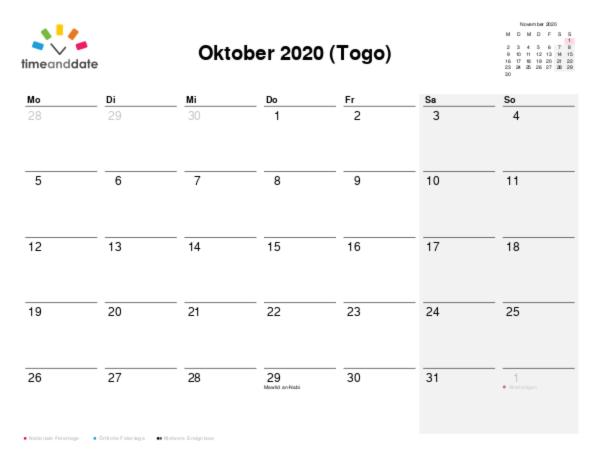 Kalender für 2020 in Togo