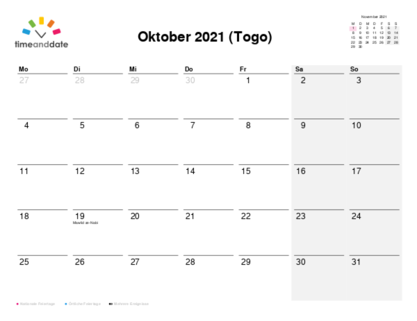 Kalender für 2021 in Togo