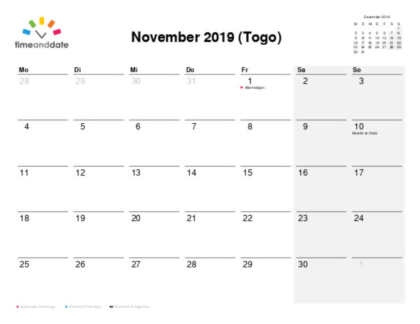 Kalender für 2019 in Togo