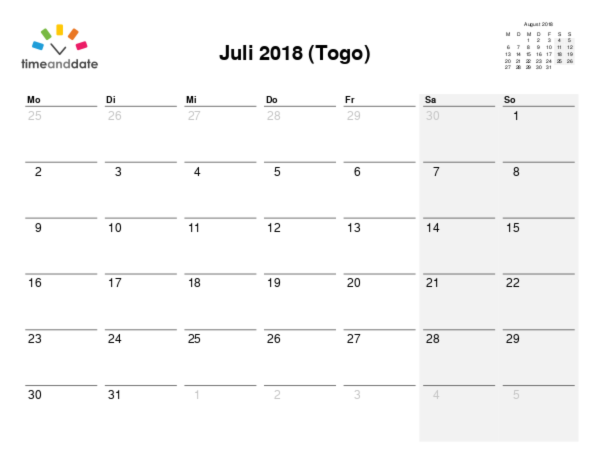 Kalender für 2018 in Togo