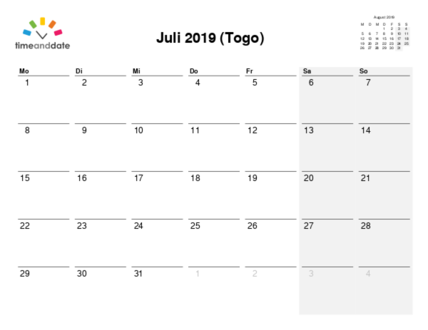 Kalender für 2019 in Togo