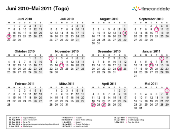 Kalender für 2010 in Togo