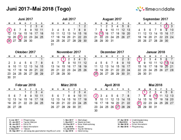 Kalender für 2017 in Togo