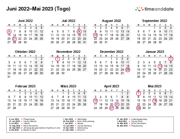 Kalender für 2022 in Togo
