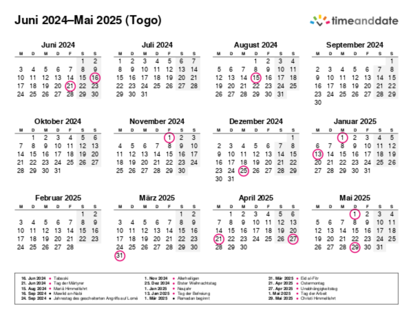 Kalender für 2024 in Togo