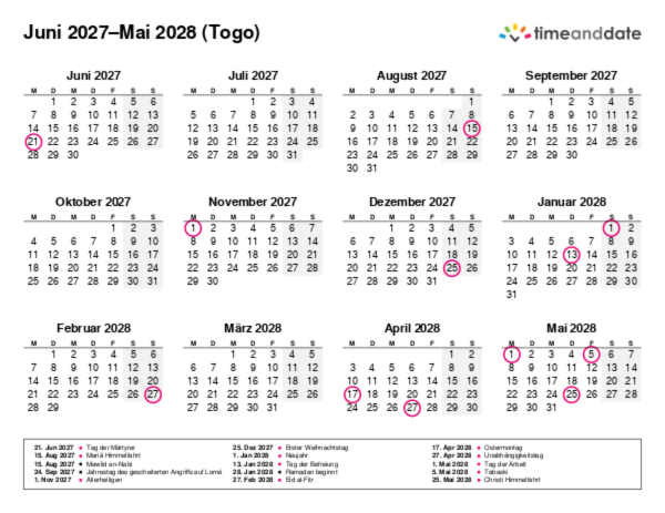 Kalender für 2027 in Togo