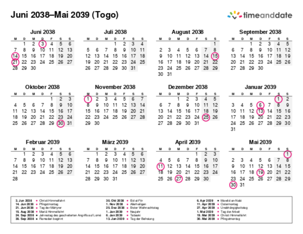 Kalender für 2038 in Togo