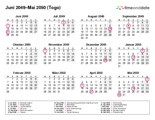Kalender für 2049 in Togo