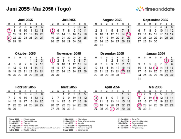 Kalender für 2055 in Togo