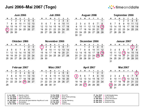 Kalender für 2066 in Togo