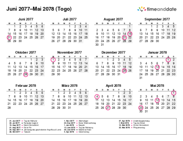 Kalender für 2077 in Togo