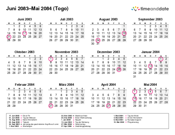 Kalender für 2083 in Togo