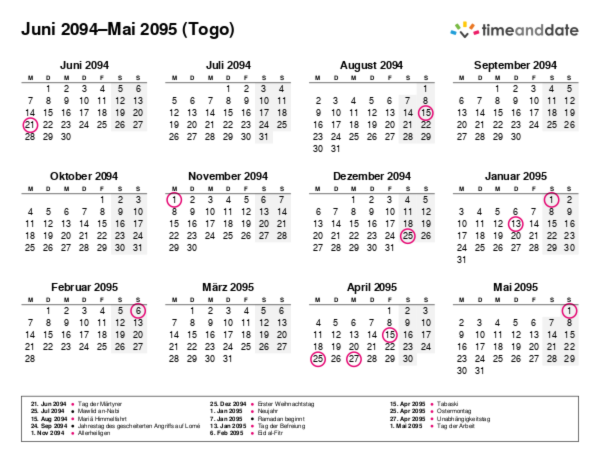 Kalender für 2094 in Togo