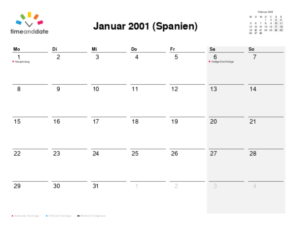 Kalender für 2001 in Spanien