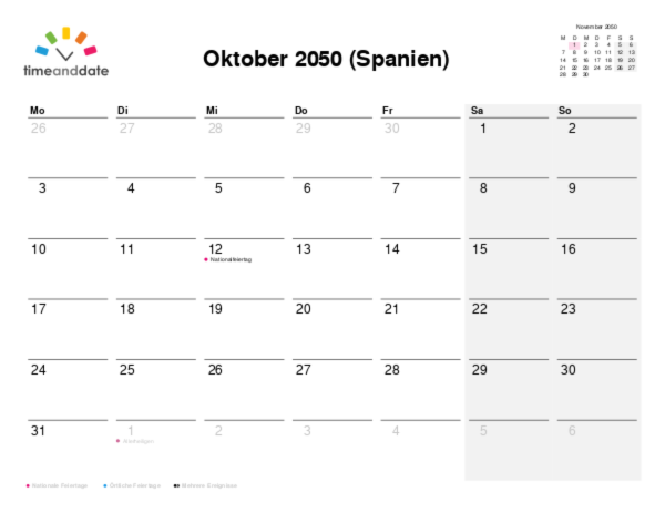 Kalender für 2050 in Spanien