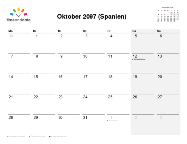 Kalender für 2097 in Spanien