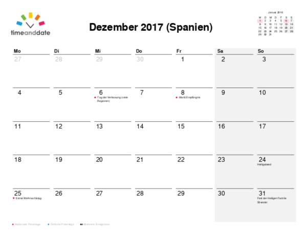 Kalender für 2017 in Spanien