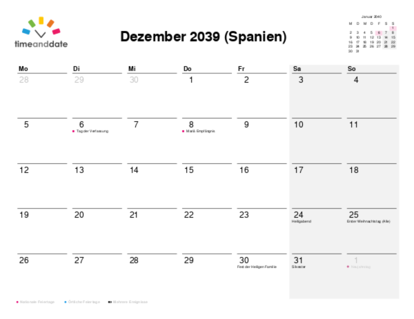 Kalender für 2039 in Spanien