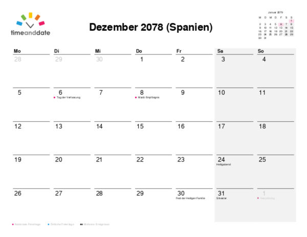 Kalender für 2078 in Spanien