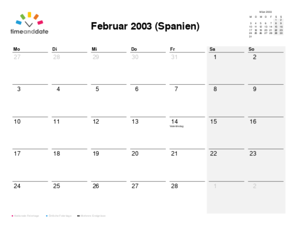 Kalender für 2003 in Spanien