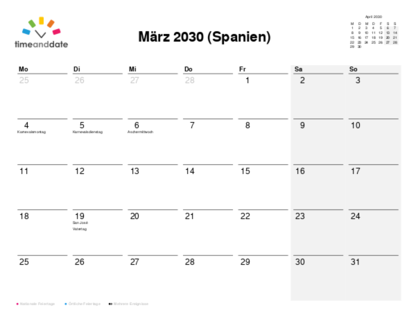 Kalender für 2030 in Spanien