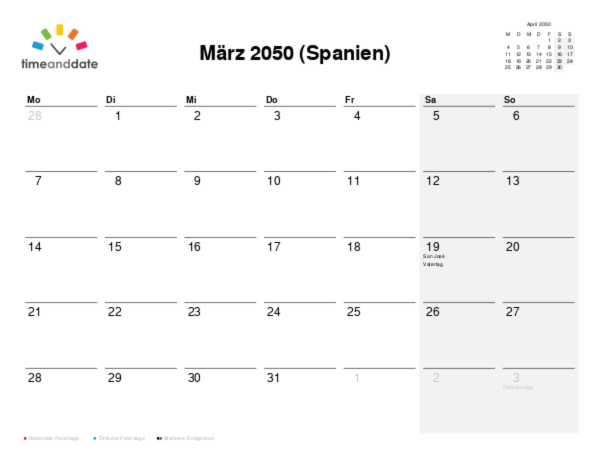 Kalender für 2050 in Spanien