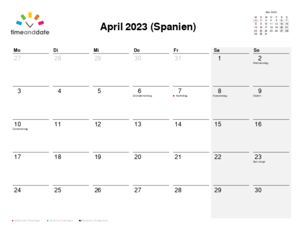 Kalender für 2023 in Spanien