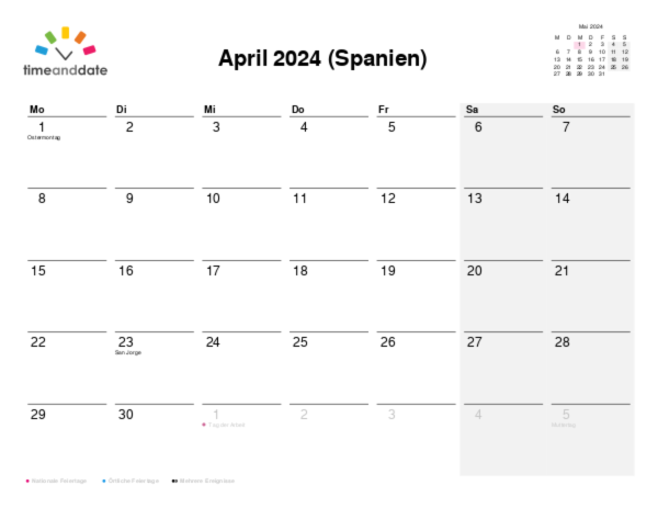 Kalender für 2024 in Spanien