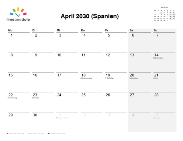 Kalender für 2030 in Spanien