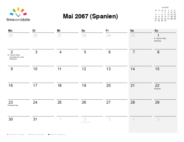 Kalender für 2067 in Spanien