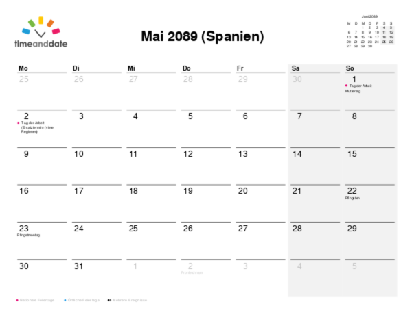 Kalender für 2089 in Spanien