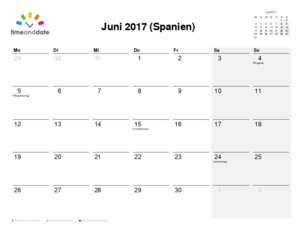 Kalender für 2017 in Spanien