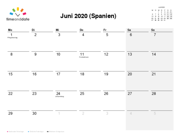 Kalender für 2020 in Spanien