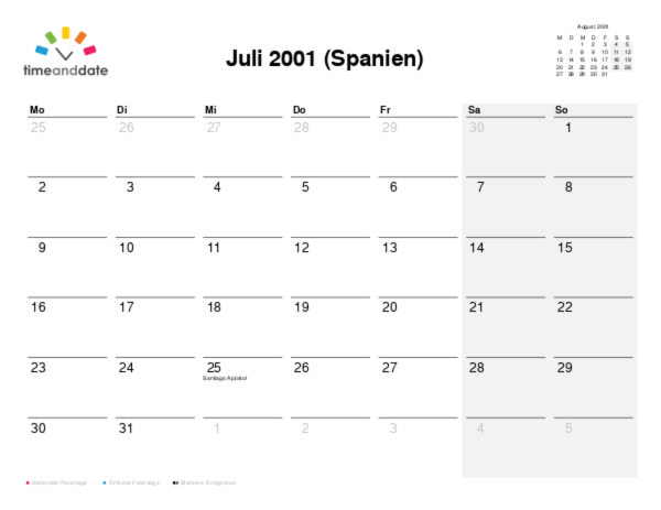 Kalender für 2001 in Spanien