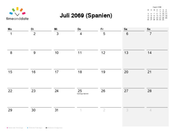 Kalender für 2069 in Spanien