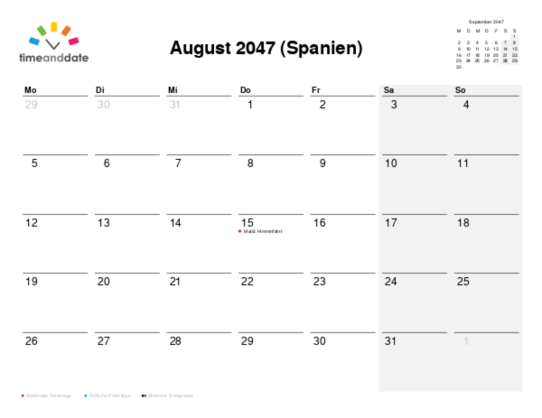 Kalender für 2047 in Spanien