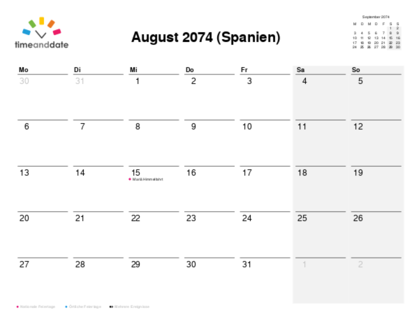 Kalender für 2074 in Spanien