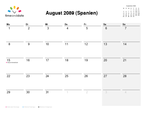 Kalender für 2089 in Spanien