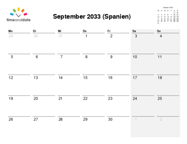 Kalender für 2033 in Spanien
